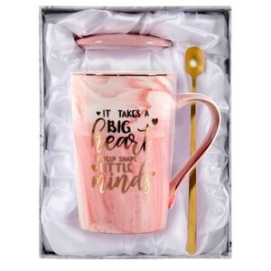Teacher Gift Pink and Gold Marble Mug with Spoon